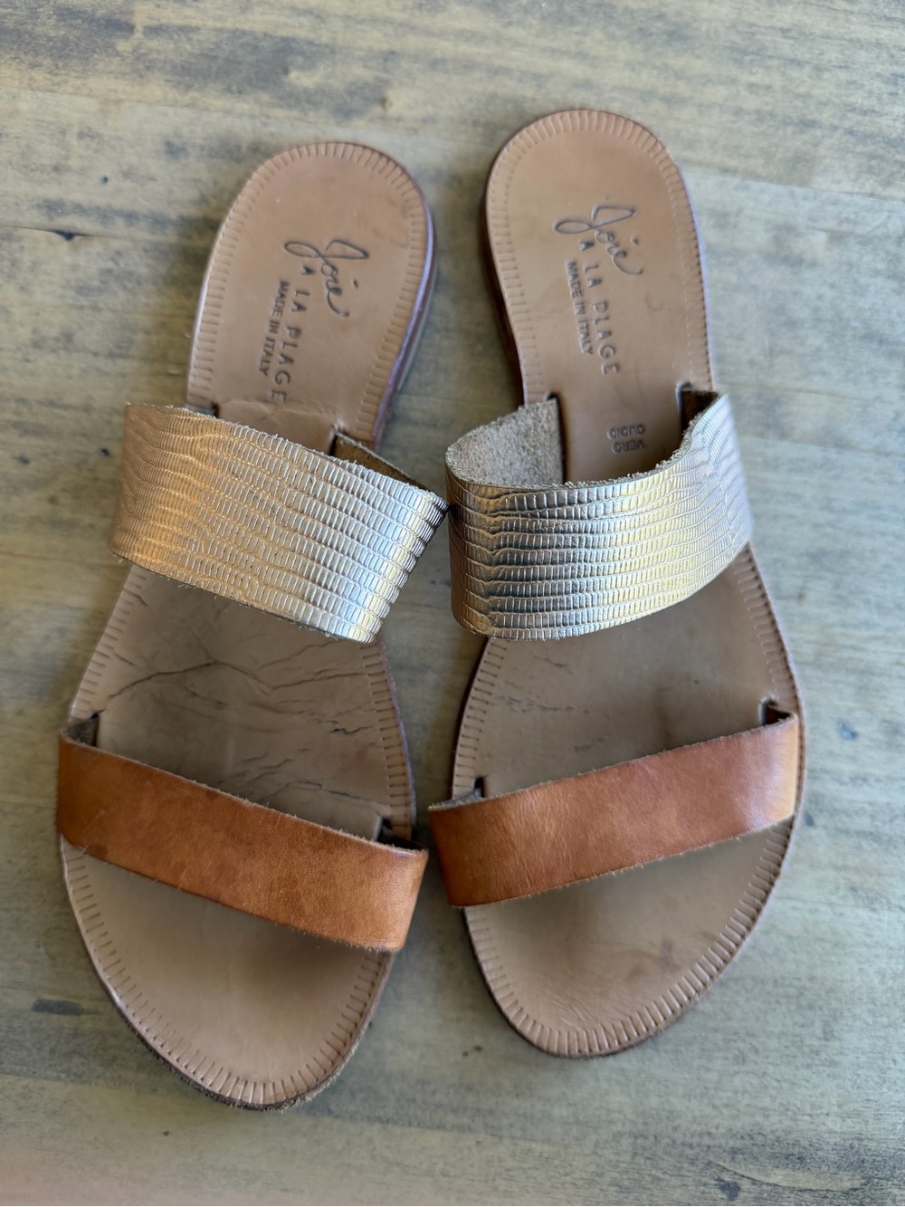 Joie Two-Band Leather Slide Sandals - Tan & Metallic; Size 41